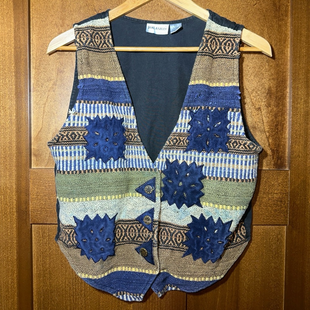 Jane Ashley Vintage Womens Tapestry Vest Blue Cotton Boho Cinch Back Medium